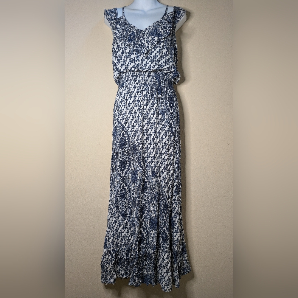 INC International Concepts Blue Floral Ruffle Maxi Dress sz M